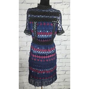 Lea collection Women's S Hexagon Navy & Red Lace and Mesh Tiered Cocktail Dress